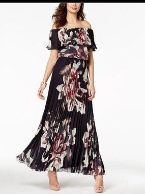 Xscape Off-The-Shoulder Floral Pleated Gown 14W 🌴 Navy Pink Chiffon Maxi